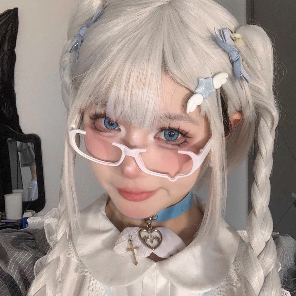 일본 애니메이션 우는 안경 렌즈가없는 하프 프레임 한국 - Anime Cosplay Korean Girl 리뷰 및 가격